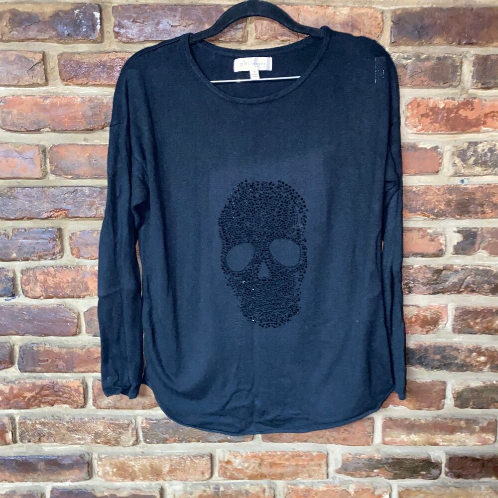 Philosophy Black Knit Embellished Crew Neck Skull Sweater Women's Size Small